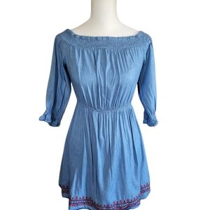Flying Tomato | Women's Off Shoulder Denim Inspired Blue Dress Chambray | Xs